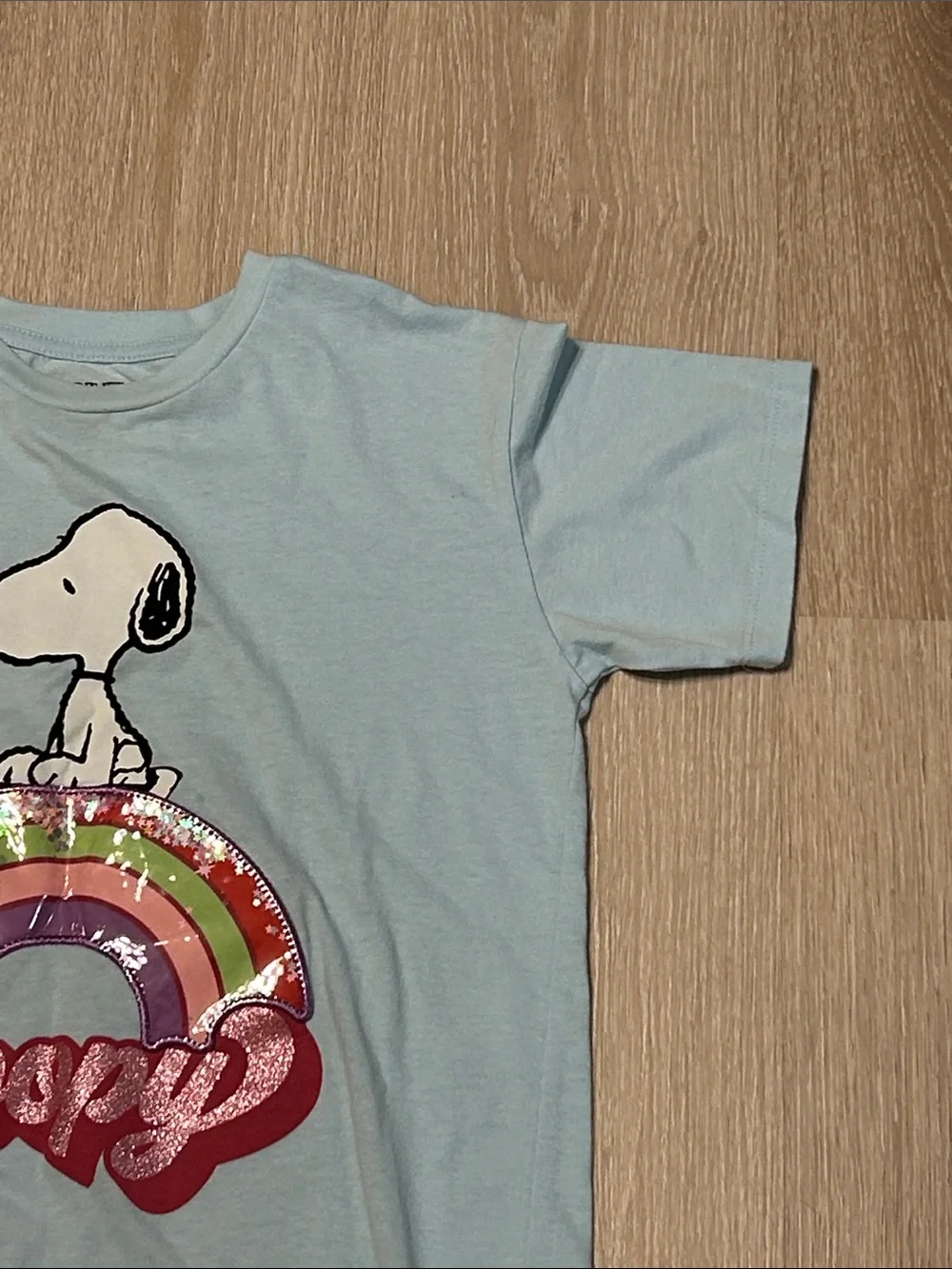Peanuts Snoopy Light Blue Rainbow Sequin Star Bubble Girls Graphic Tee Sz XL